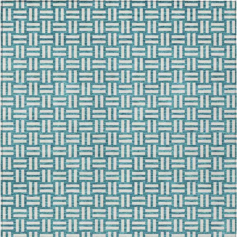 9' X 12' Teal Blue And Gray Geometric Washable Indoor Outdoor Area Rug