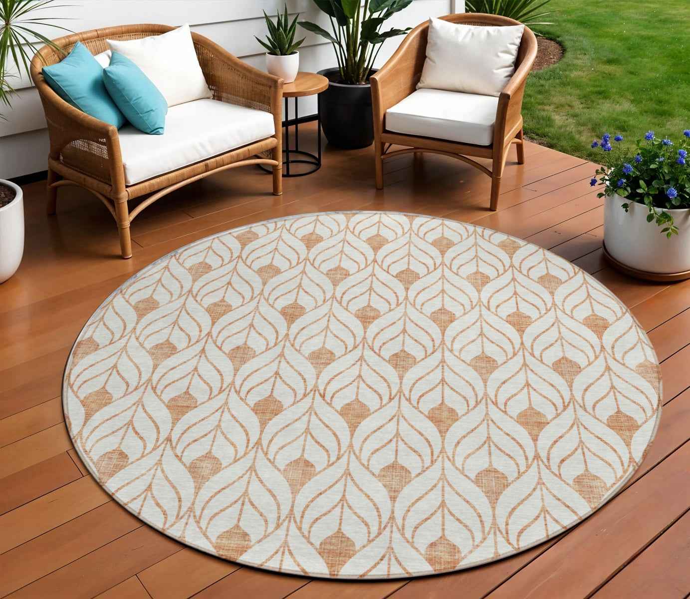 8' Salmon And Beige Round Geometric Washable Indoor Outdoor Area Rug