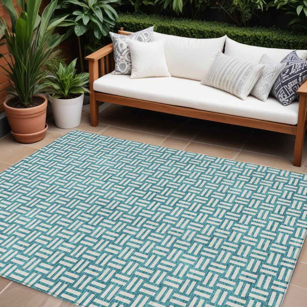 9' X 12' Teal Blue And Gray Geometric Washable Indoor Outdoor Area Rug