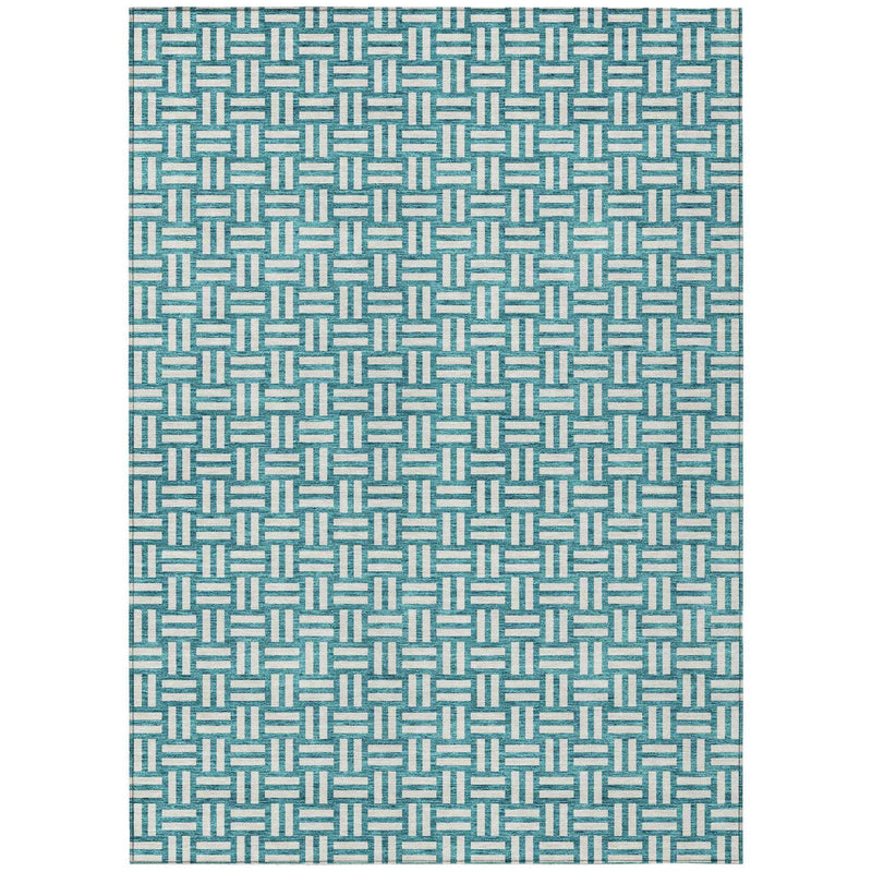 9' X 12' Teal Blue And Gray Geometric Washable Indoor Outdoor Area Rug