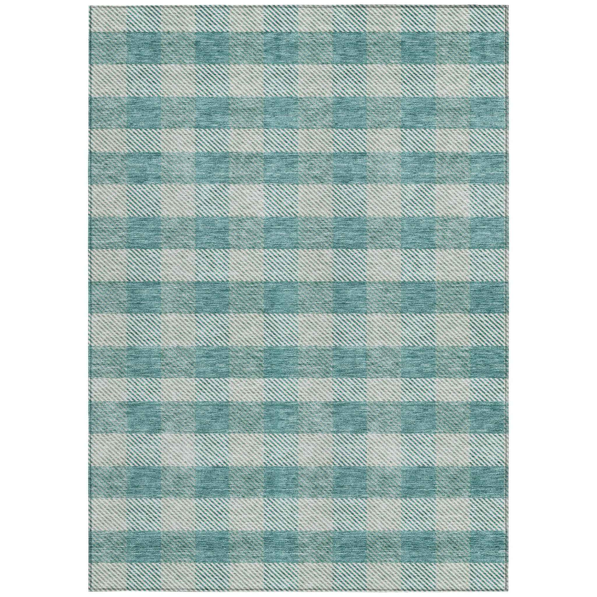 10' X 14' Teal Blue And Ivory Plaid Washable Indoor Outdoor Area Rug