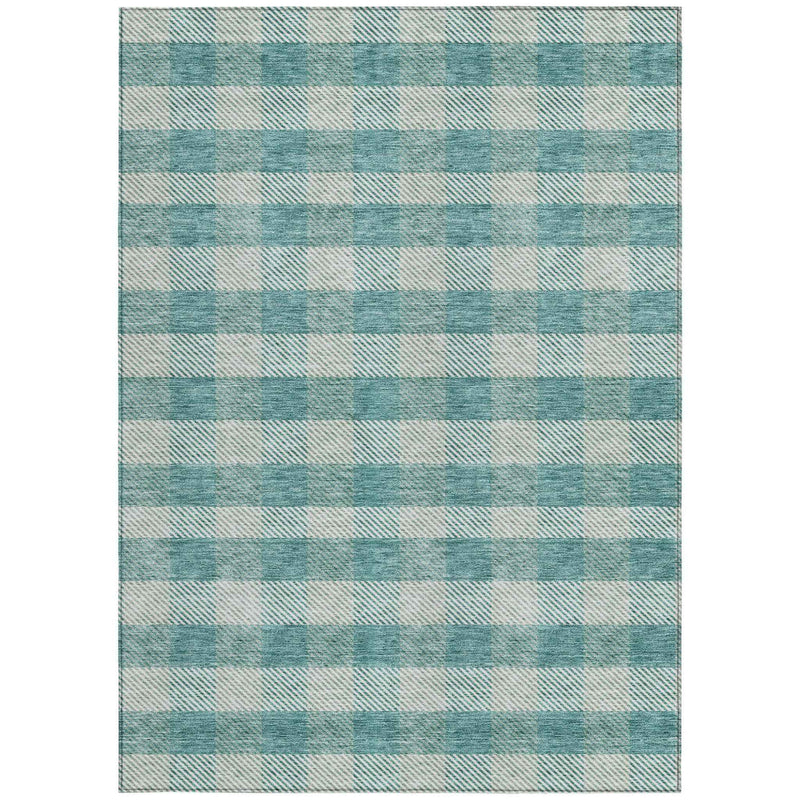 10' X 14' Teal Blue And Ivory Plaid Washable Indoor Outdoor Area Rug