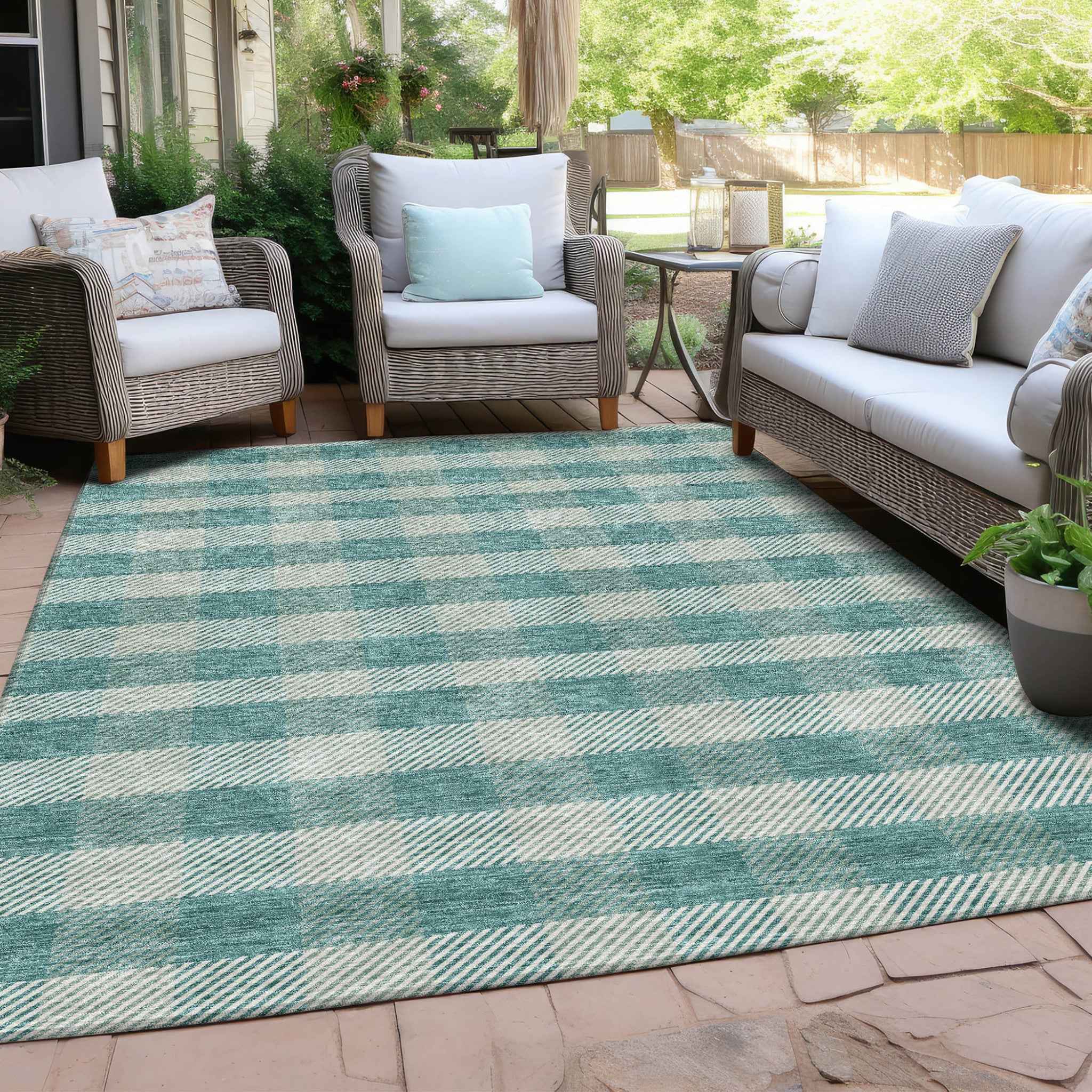 10' X 14' Teal Blue And Ivory Plaid Washable Indoor Outdoor Area Rug