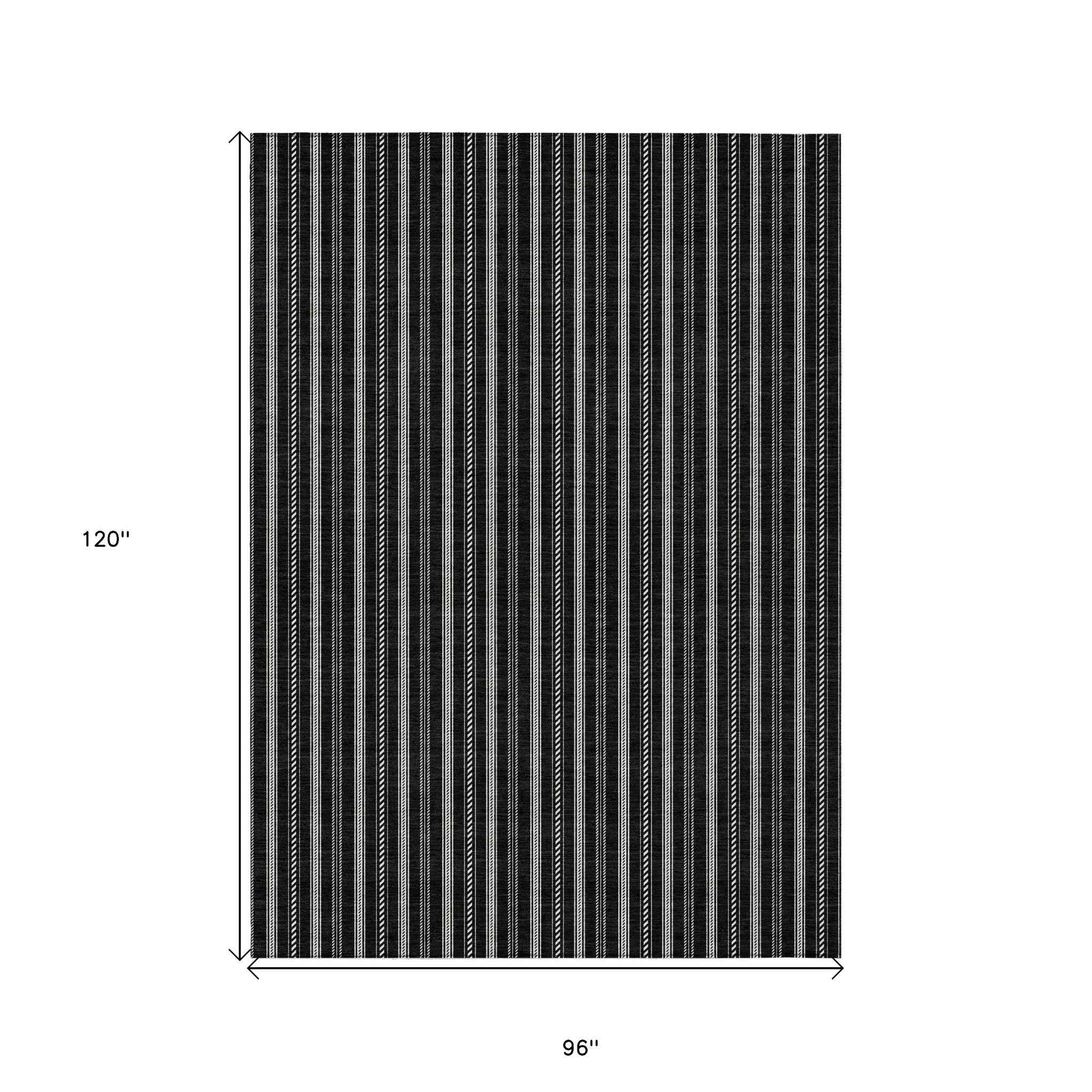 8' X 10' Black And Ivory Striped Washable Indoor Outdoor Area Rug
