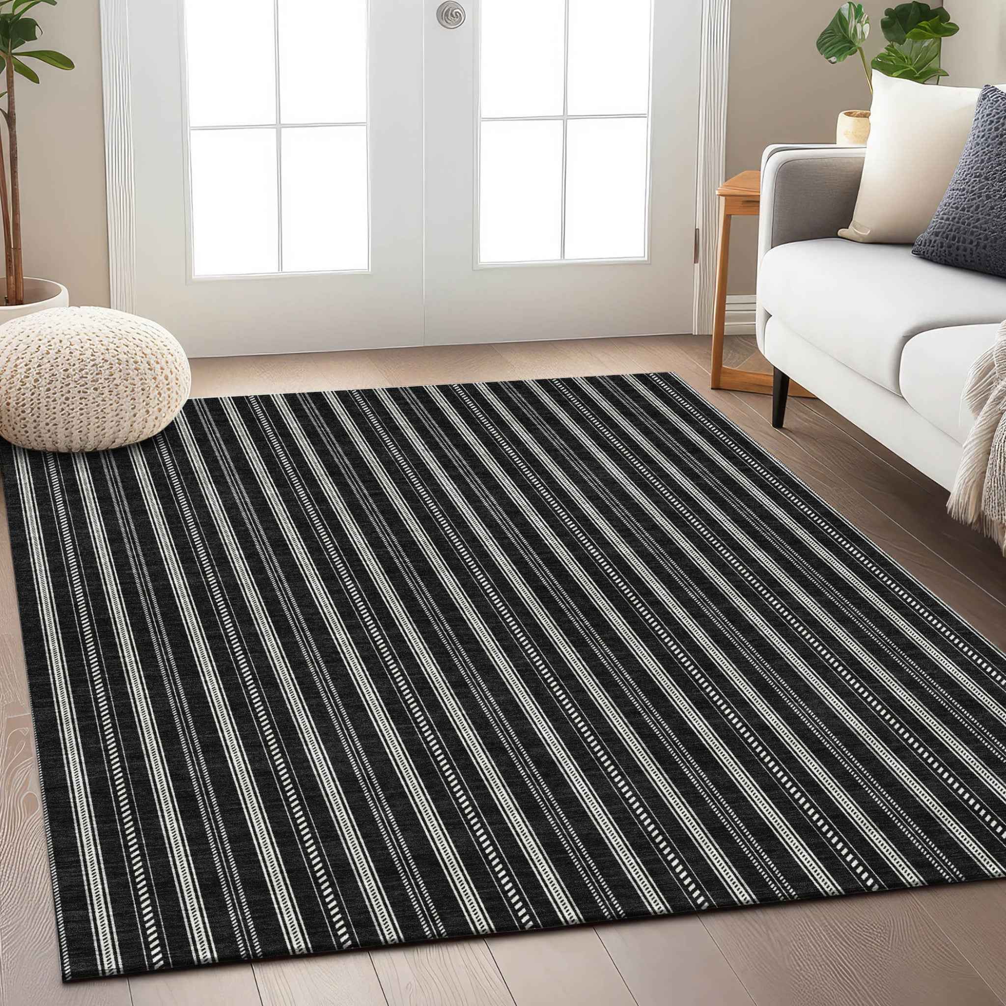 8' X 10' Black And Ivory Striped Washable Indoor Outdoor Area Rug