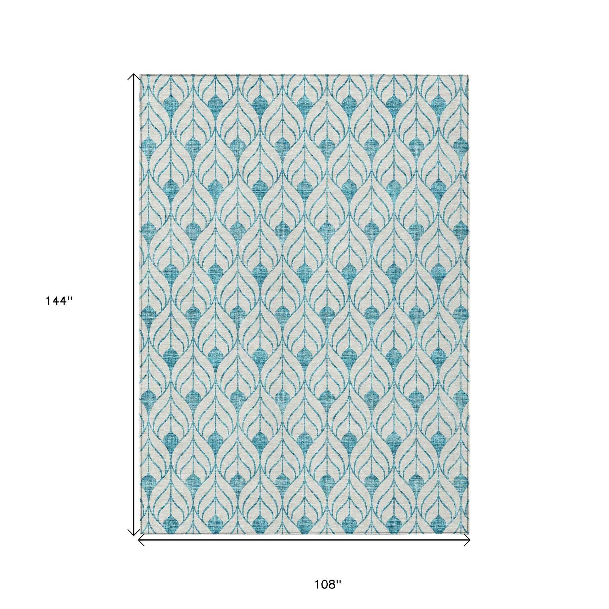 9' X 12' Teal Blue And Ivory Geometric Washable Indoor Outdoor Area Rug