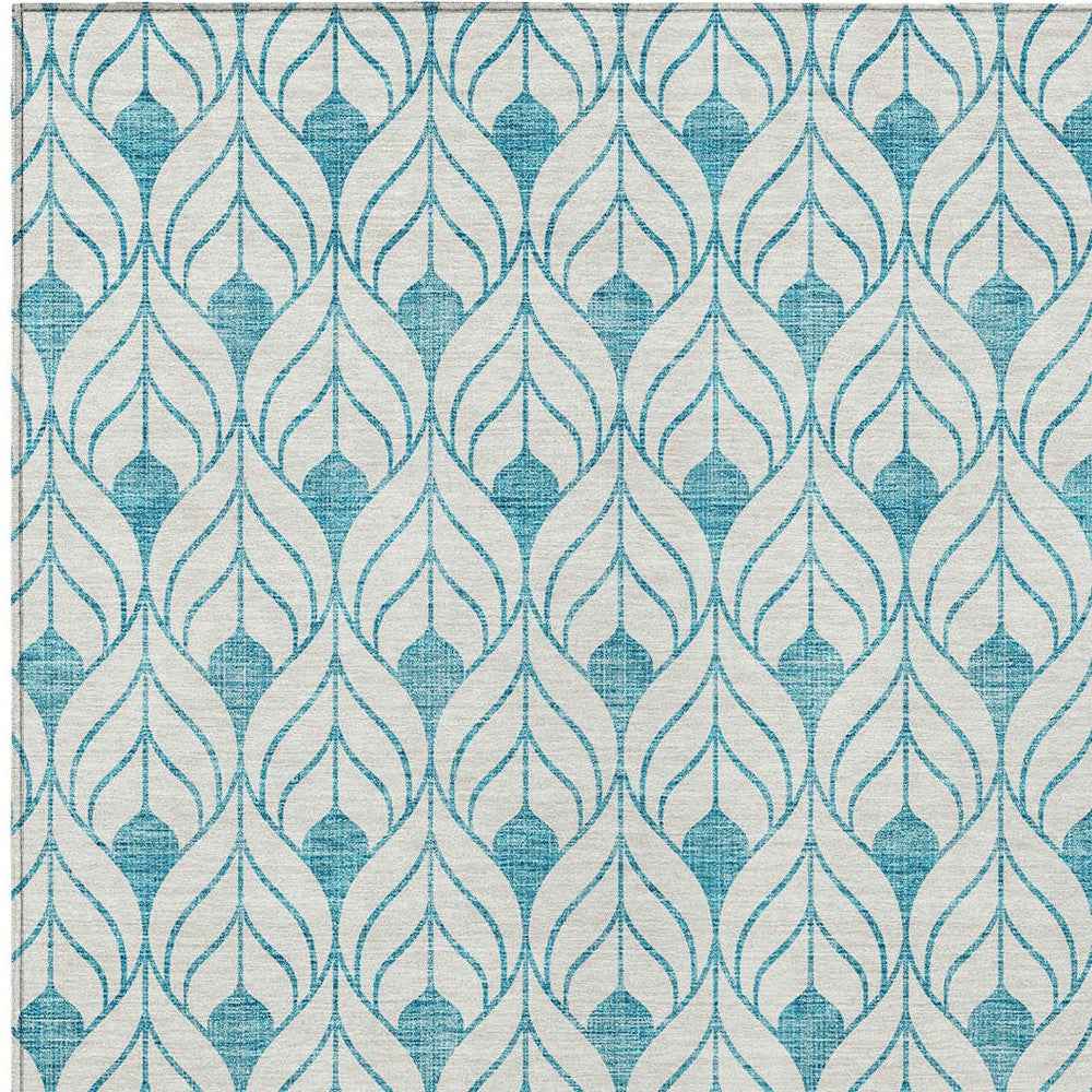 9' X 12' Teal Blue And Ivory Geometric Washable Indoor Outdoor Area Rug