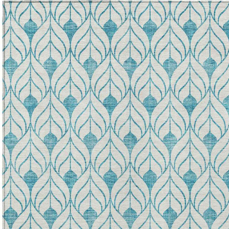 9' X 12' Teal Blue And Ivory Geometric Washable Indoor Outdoor Area Rug