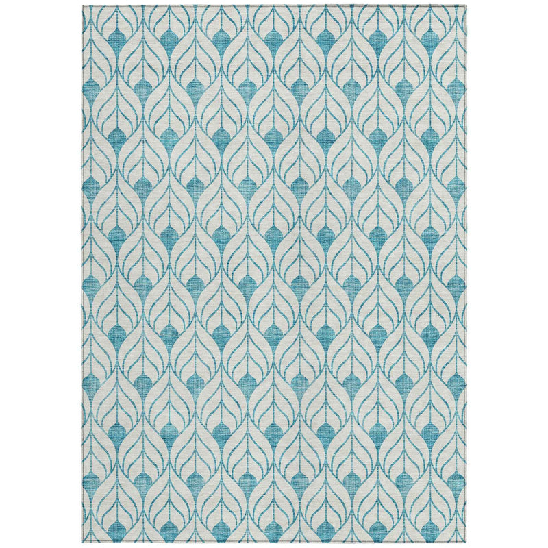 9' X 12' Teal Blue And Ivory Geometric Washable Indoor Outdoor Area Rug