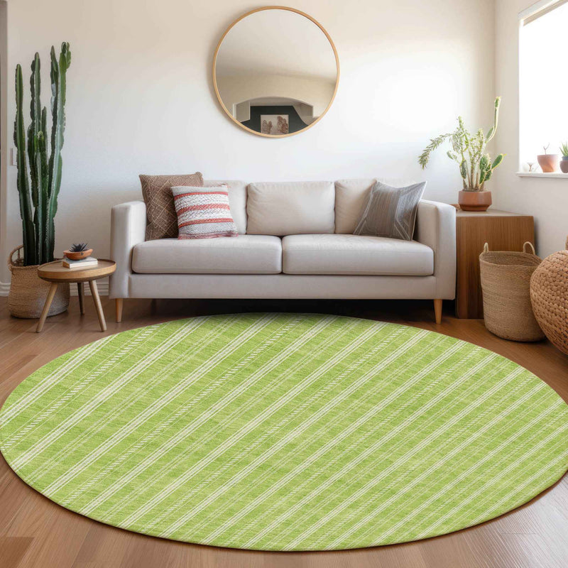 8' Lime Green And Ivory Round Striped Washable Indoor Outdoor Area Rug