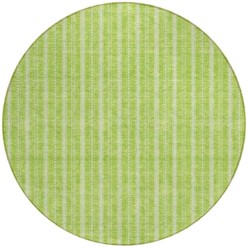 8' Lime Green And Ivory Round Striped Washable Indoor Outdoor Area Rug