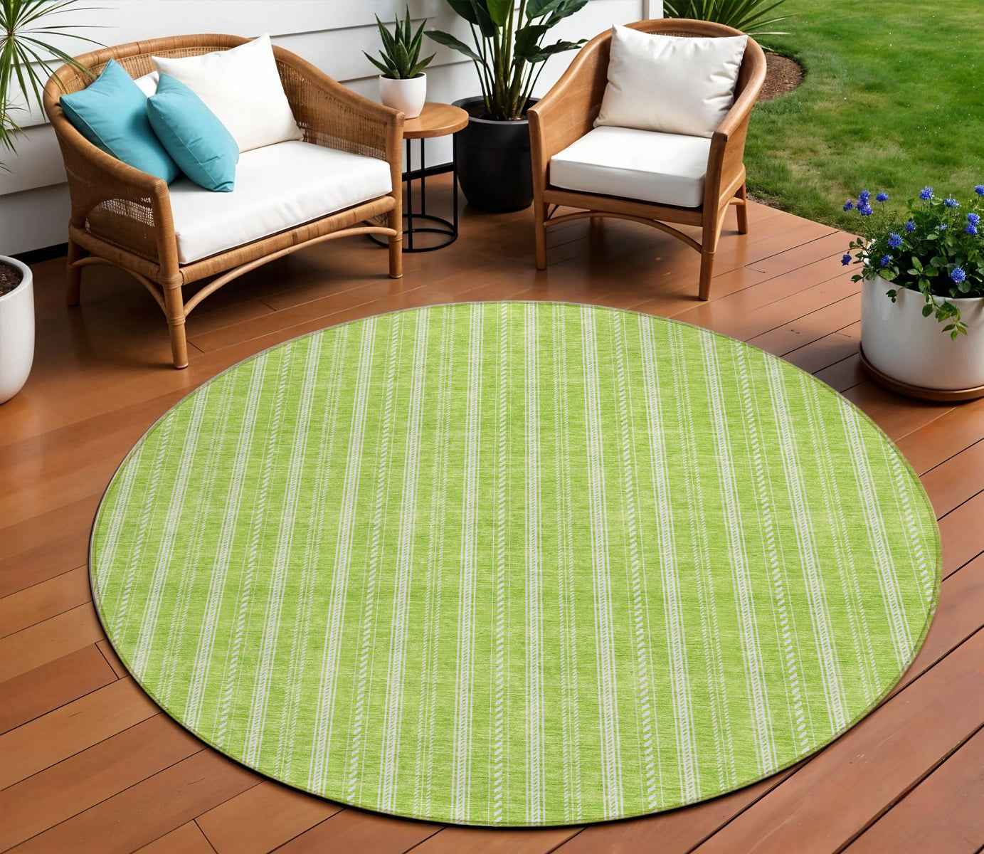 8' Lime Green And Ivory Round Striped Washable Indoor Outdoor Area Rug