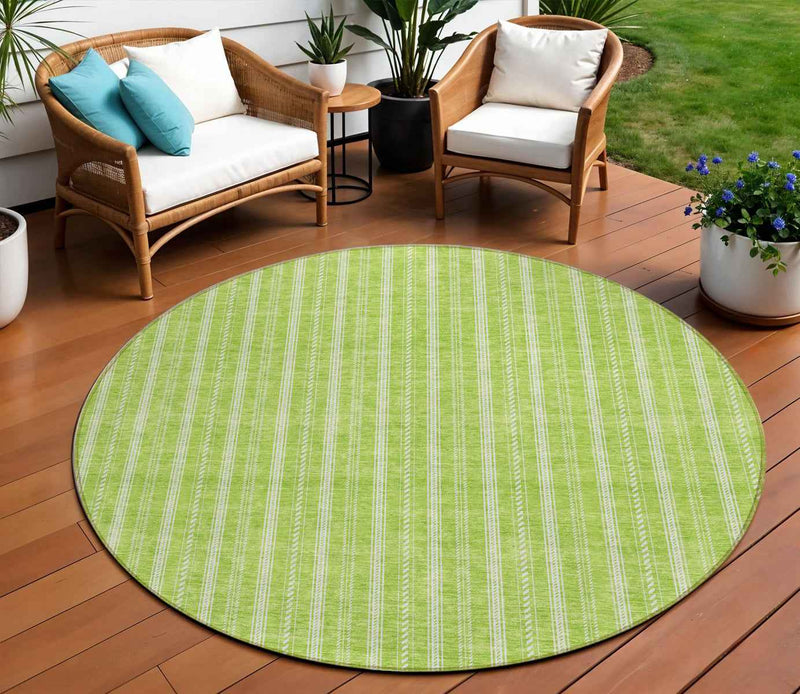 8' Lime Green And Ivory Round Striped Washable Indoor Outdoor Area Rug