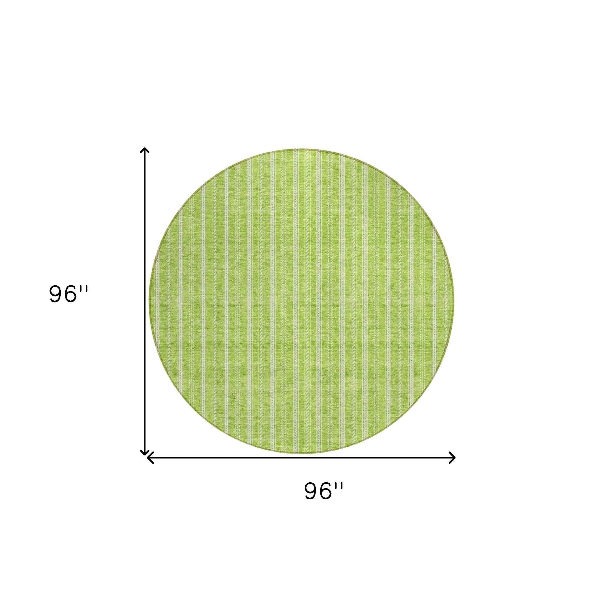 8' Lime Green And Ivory Round Striped Washable Indoor Outdoor Area Rug