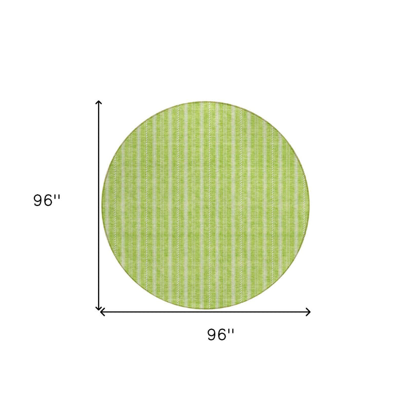 8' Lime Green And Ivory Round Striped Washable Indoor Outdoor Area Rug