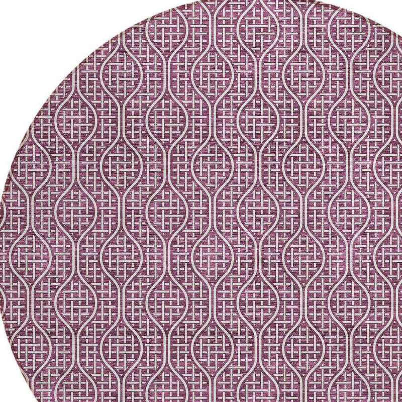 8' Eggplant And Ivory Round Geometric Washable Indoor Outdoor Area Rug