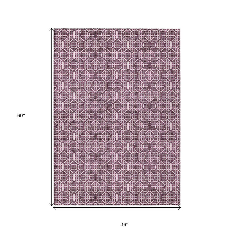 3' X 5' Eggplant And Ivory Geometric Washable Indoor Outdoor Area Rug