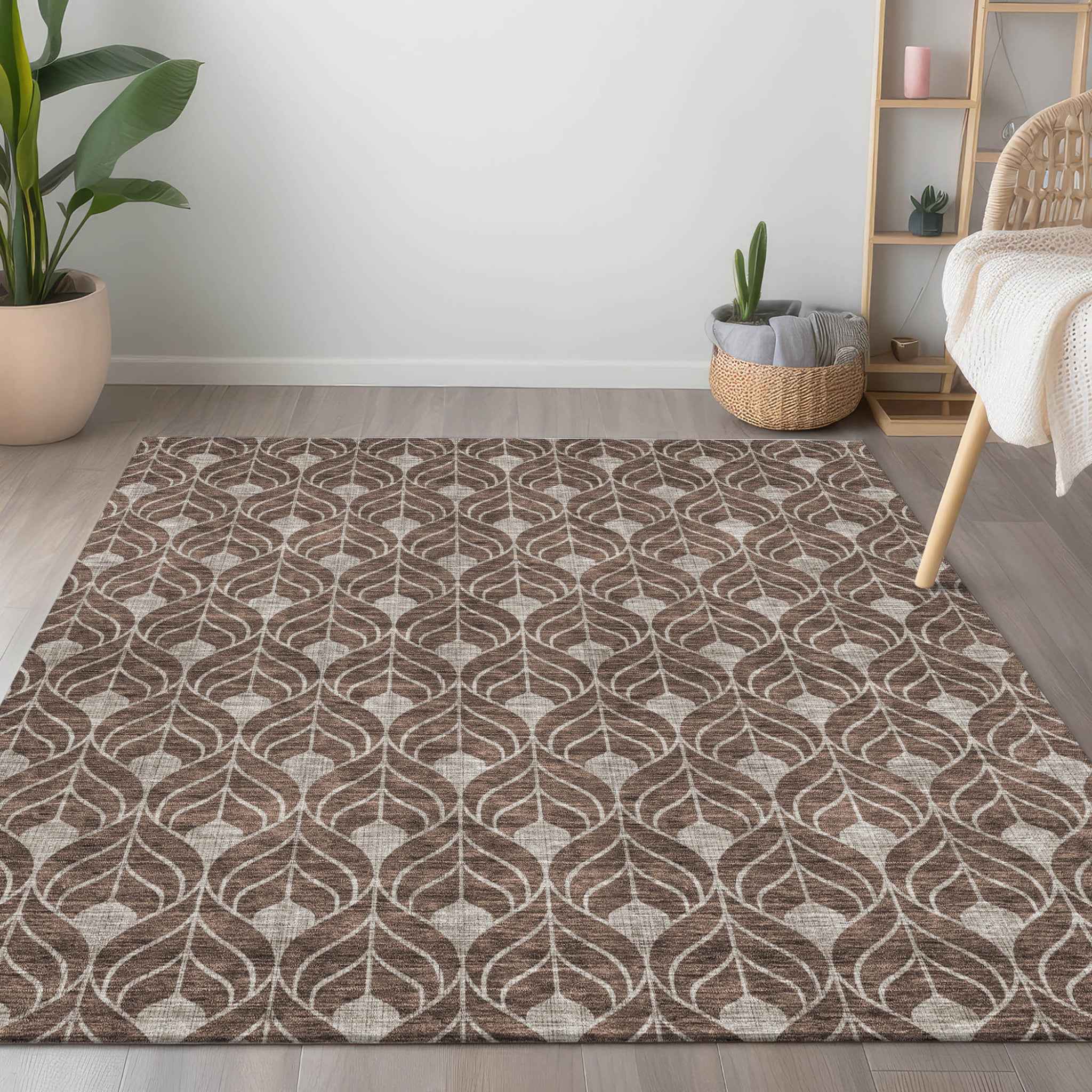 8' X 10' Chocolate And Beige Geometric Washable Indoor Outdoor Area Rug