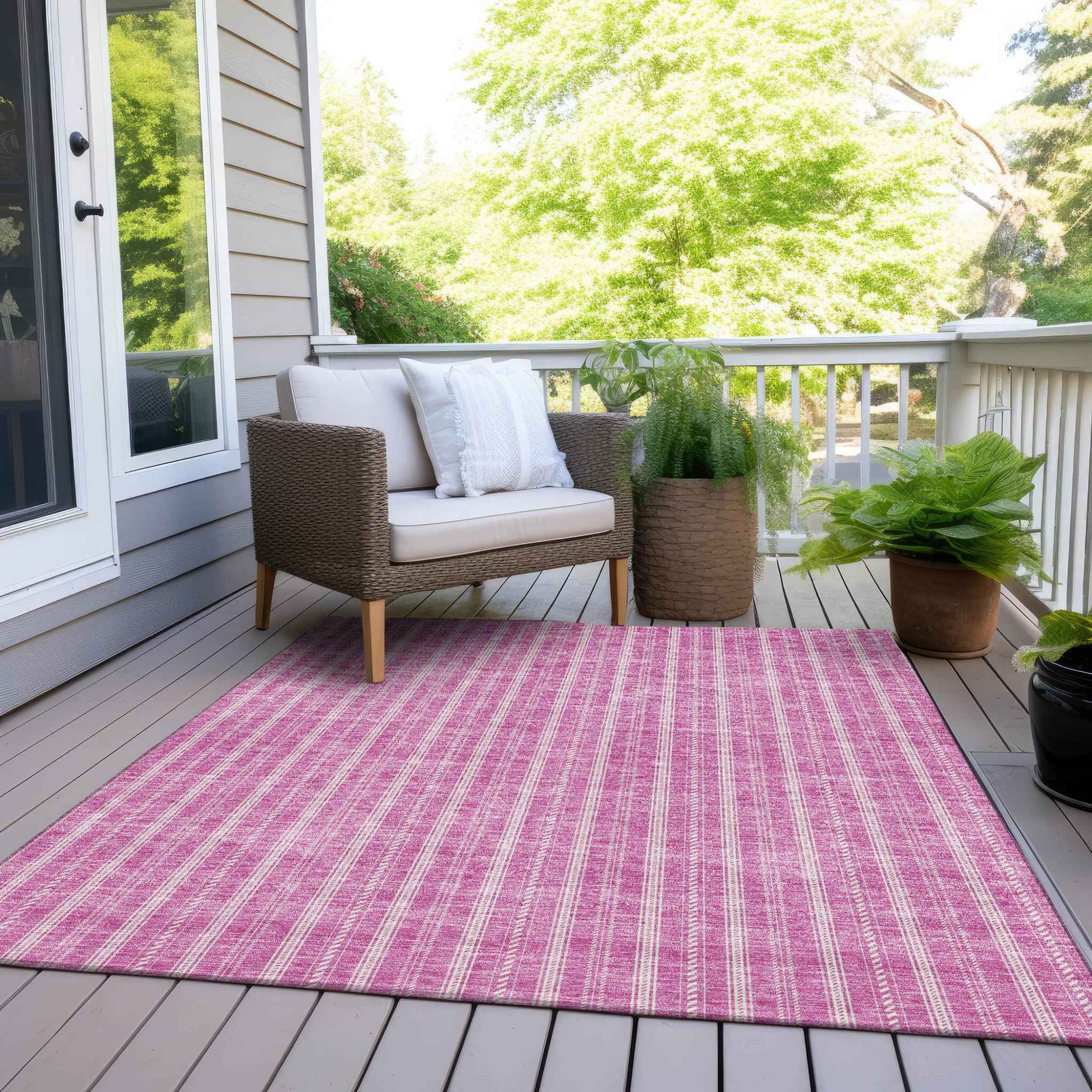 9' X 12' Blush And Ivory Striped Washable Indoor Outdoor Area Rug