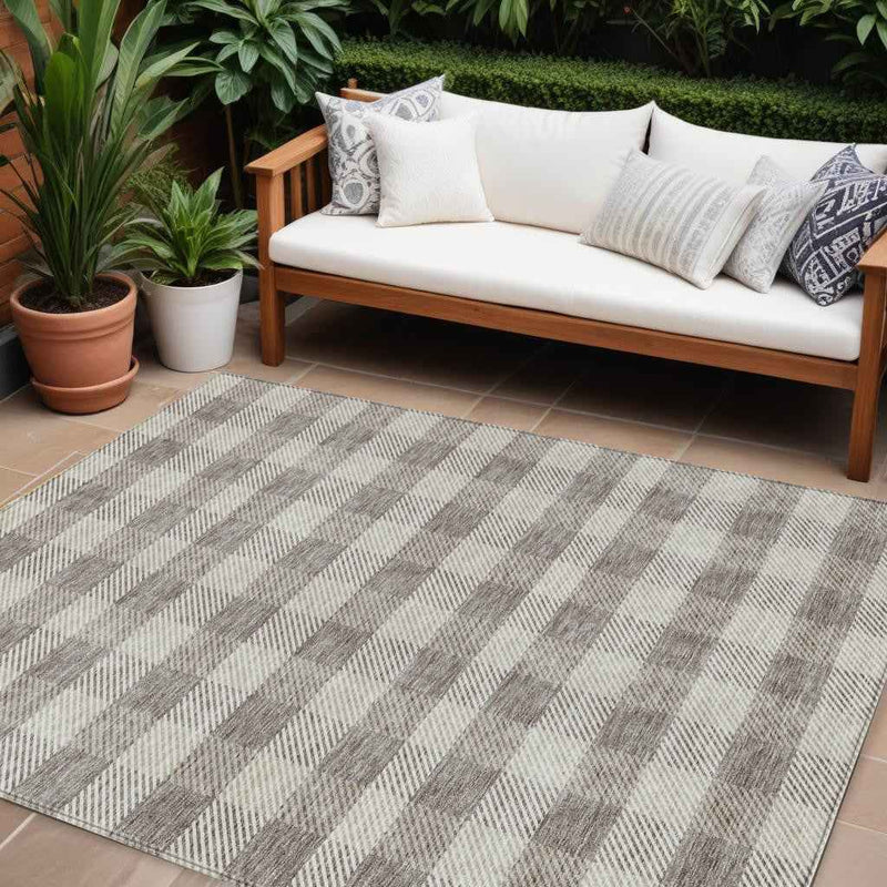 10' X 14' Taupe And Gray Plaid Washable Indoor Outdoor Area Rug