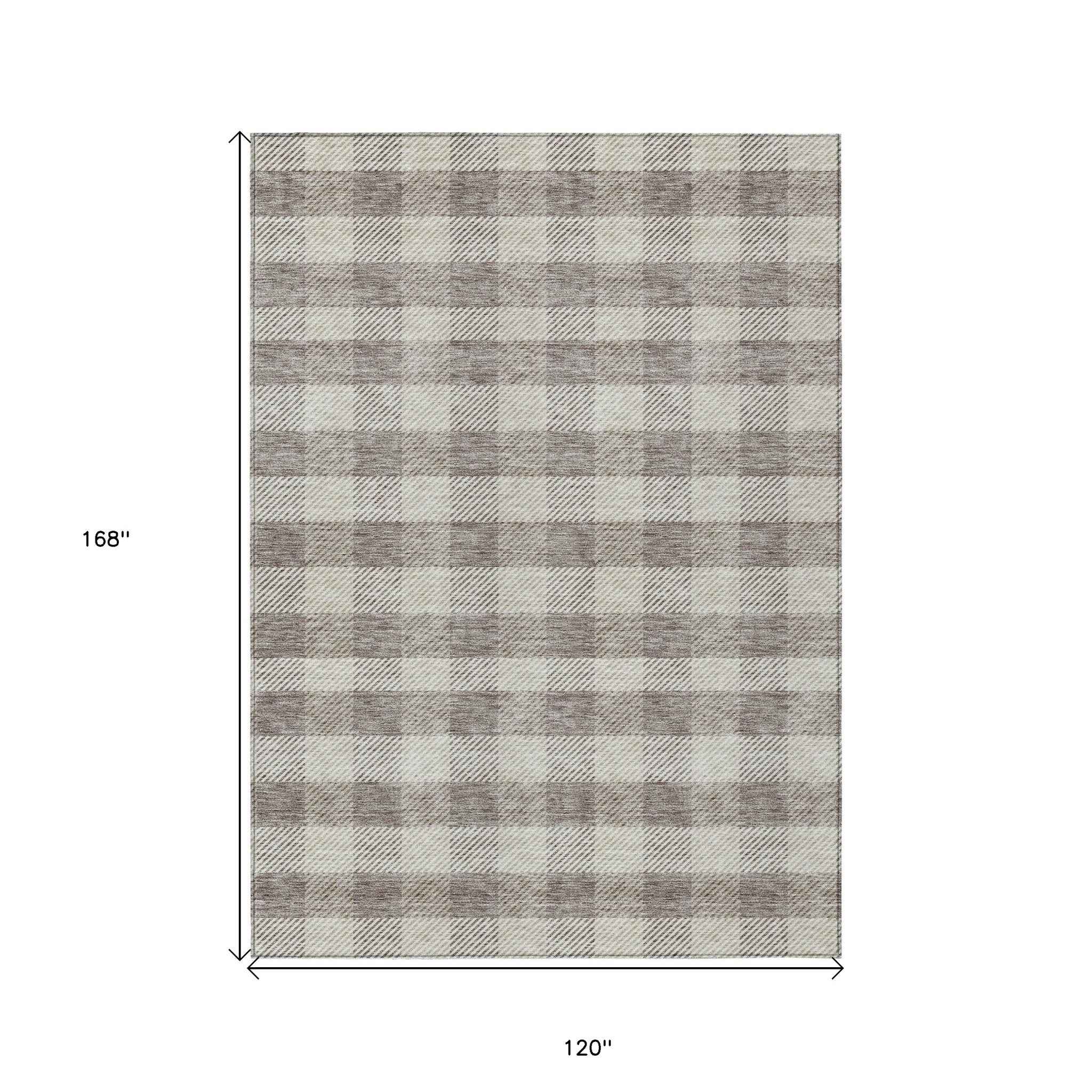 10' X 14' Taupe And Gray Plaid Washable Indoor Outdoor Area Rug