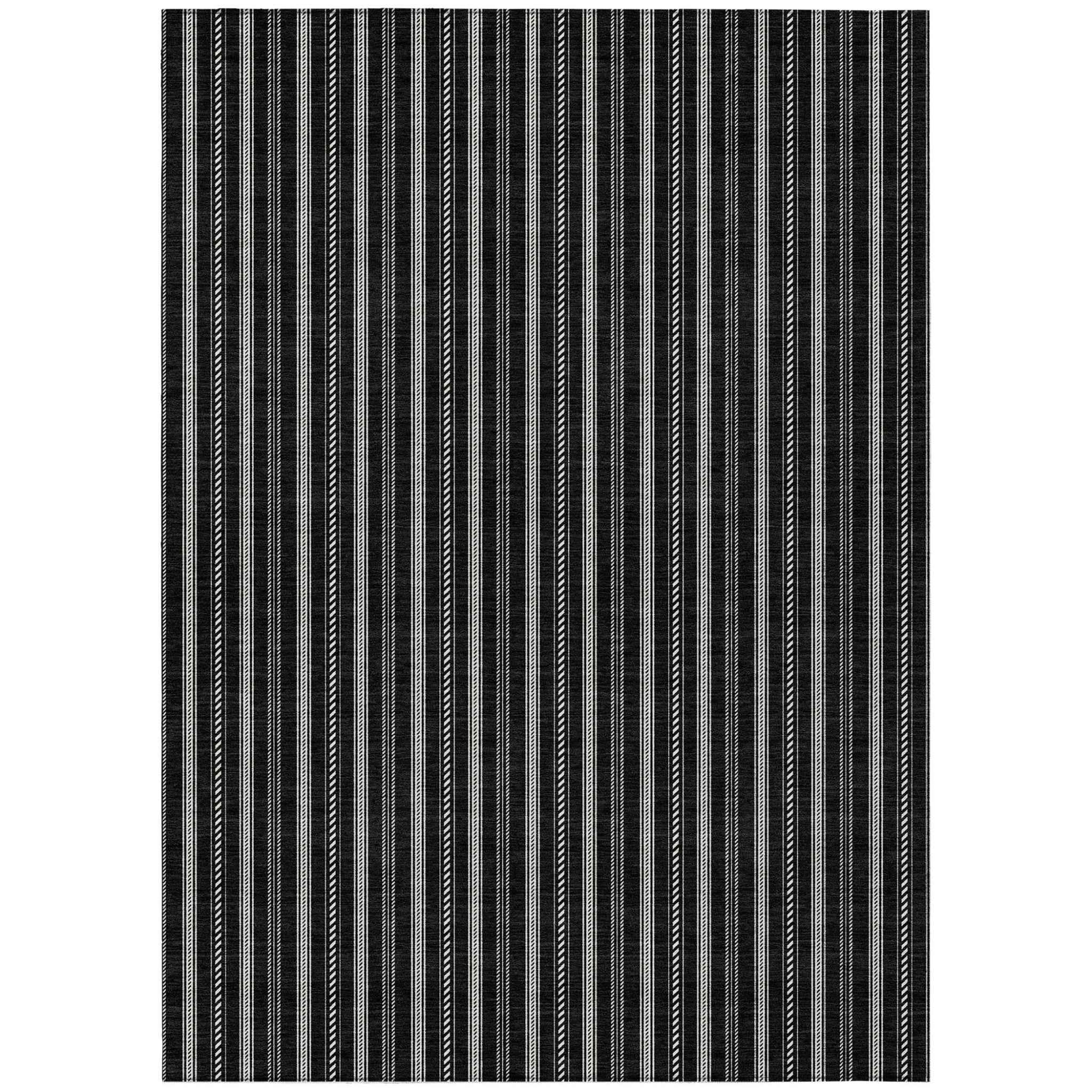 10' X 14' Black And Ivory Striped Washable Indoor Outdoor Area Rug