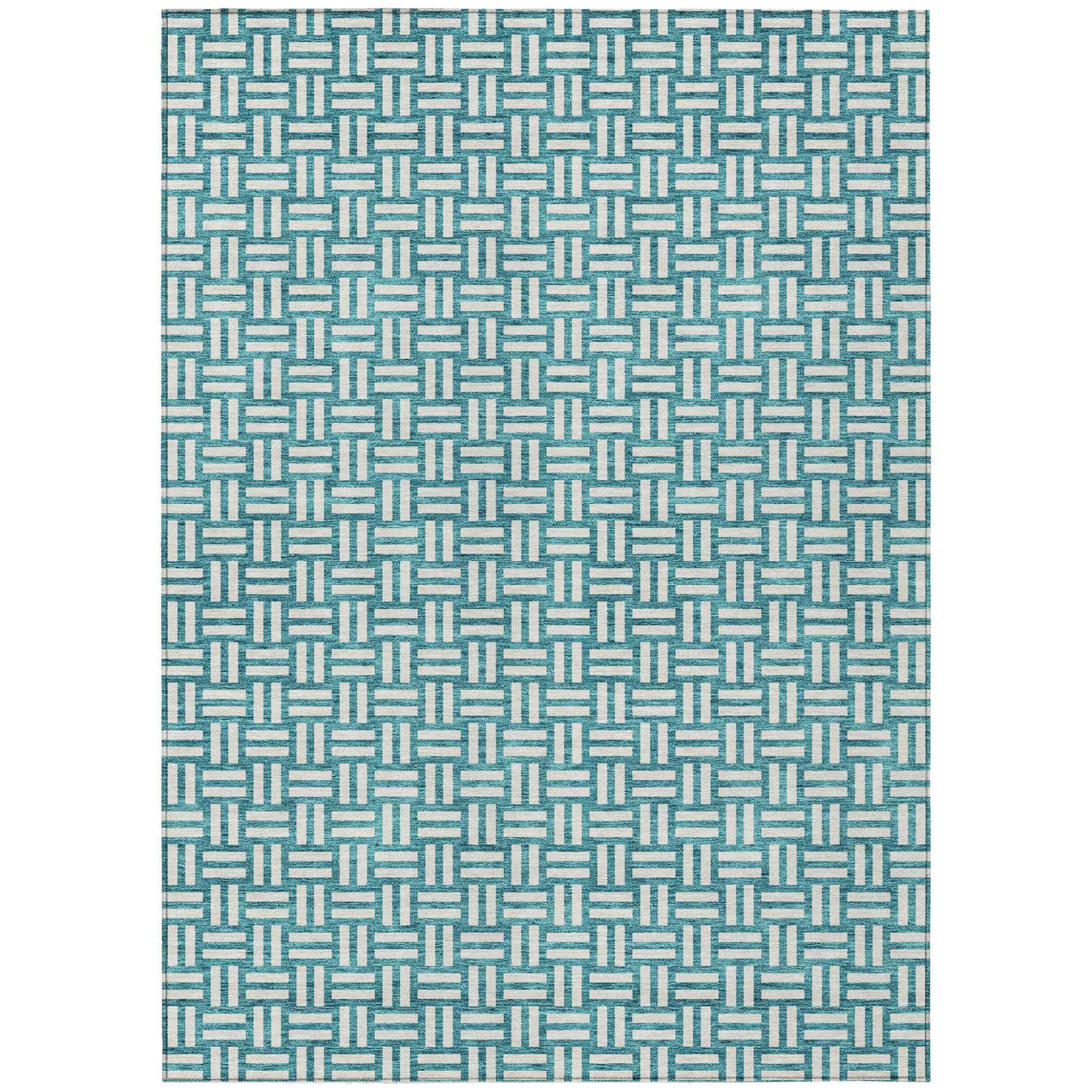 5' X 8' Teal Blue And Gray Geometric Washable Indoor Outdoor Area Rug