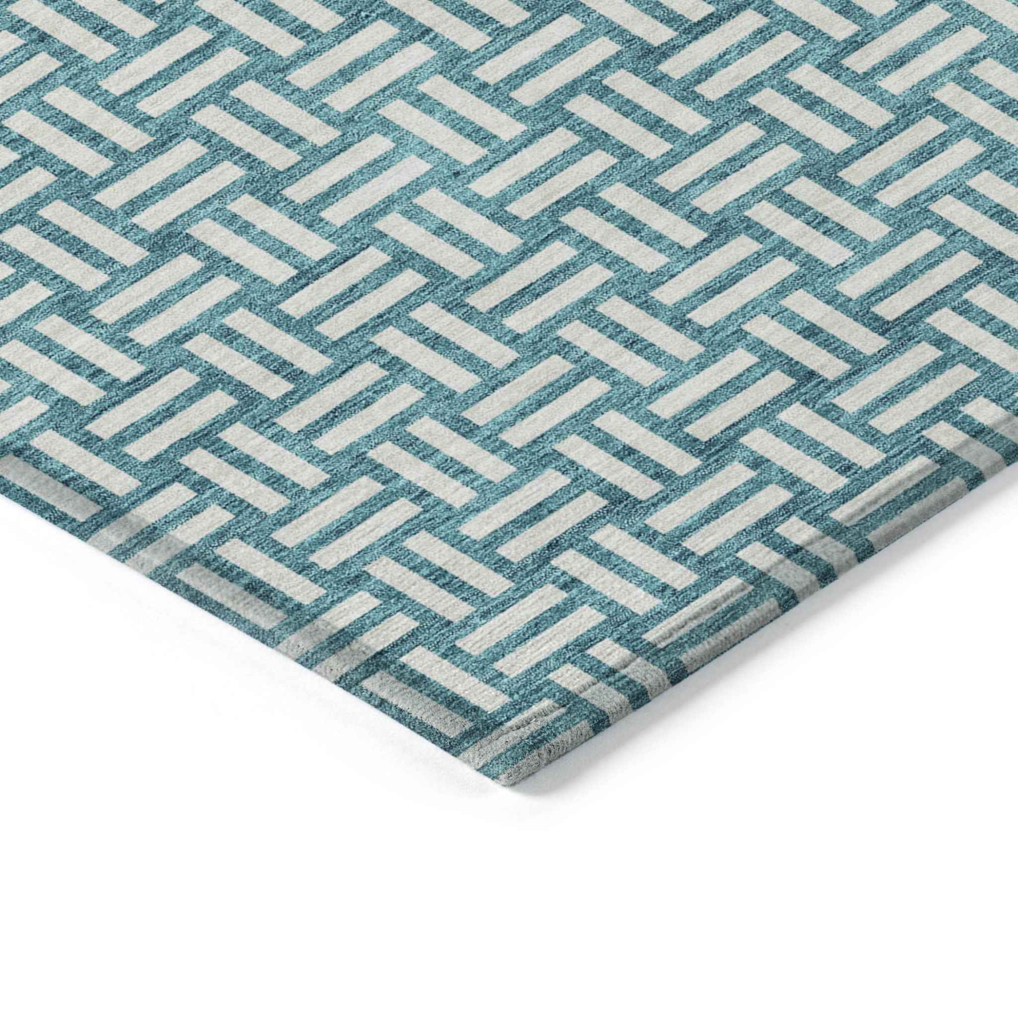 5' X 8' Teal Blue And Gray Geometric Washable Indoor Outdoor Area Rug