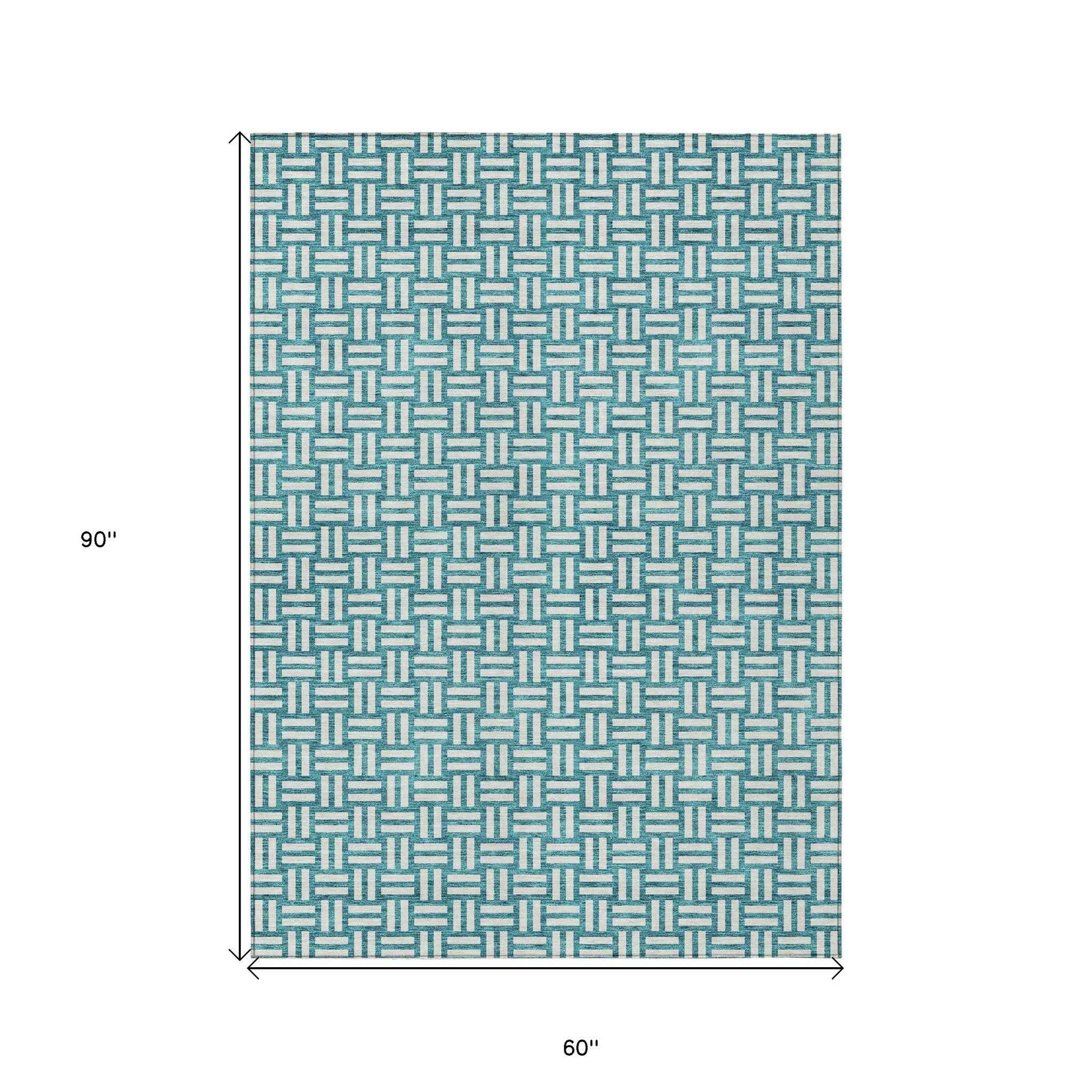 5' X 8' Teal Blue And Gray Geometric Washable Indoor Outdoor Area Rug