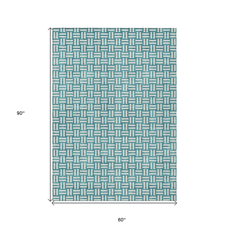 5' X 8' Teal Blue And Gray Geometric Washable Indoor Outdoor Area Rug