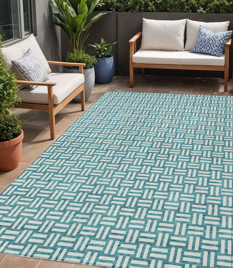 5' X 8' Teal Blue And Gray Geometric Washable Indoor Outdoor Area Rug