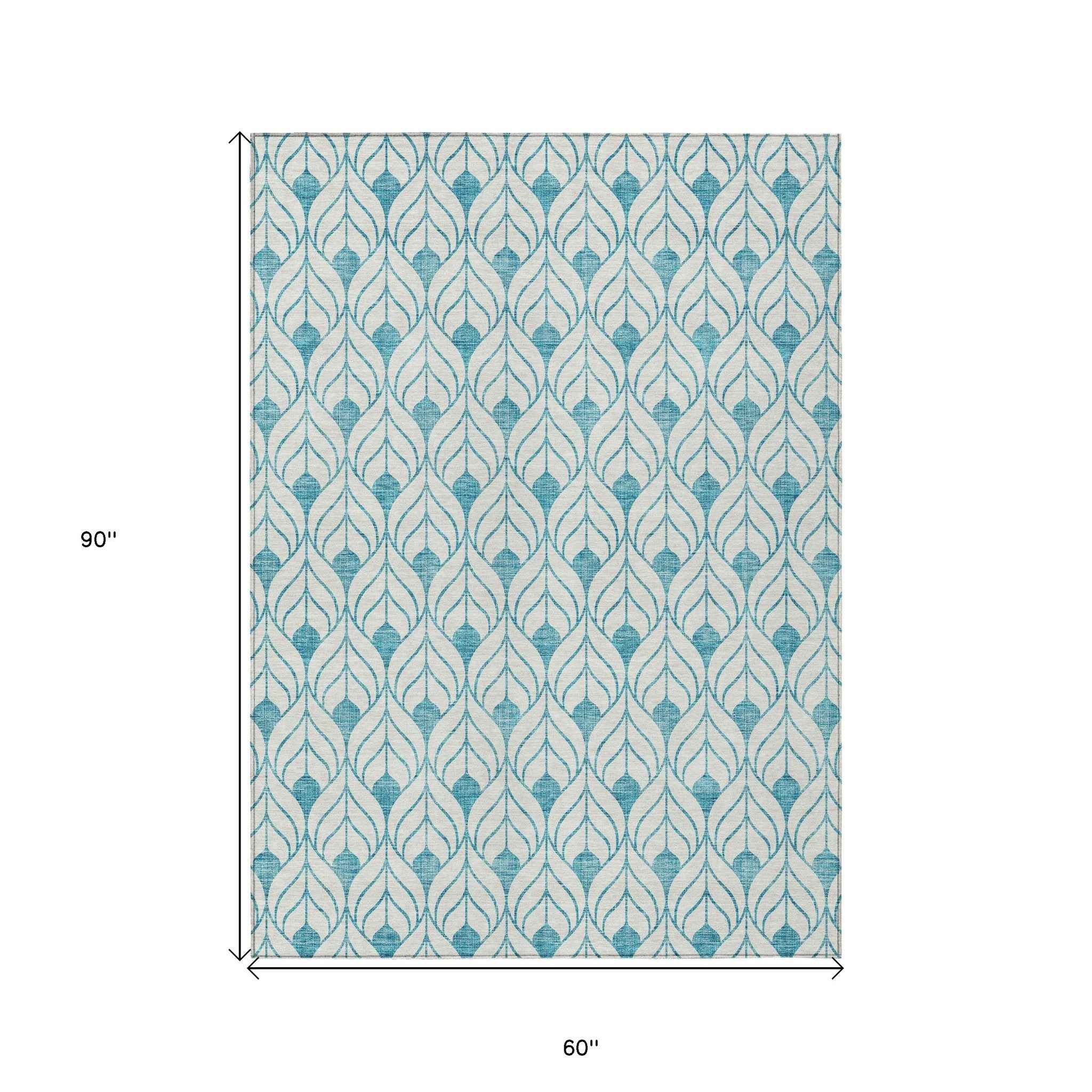 5' X 8' Teal Blue And Ivory Geometric Washable Indoor Outdoor Area Rug