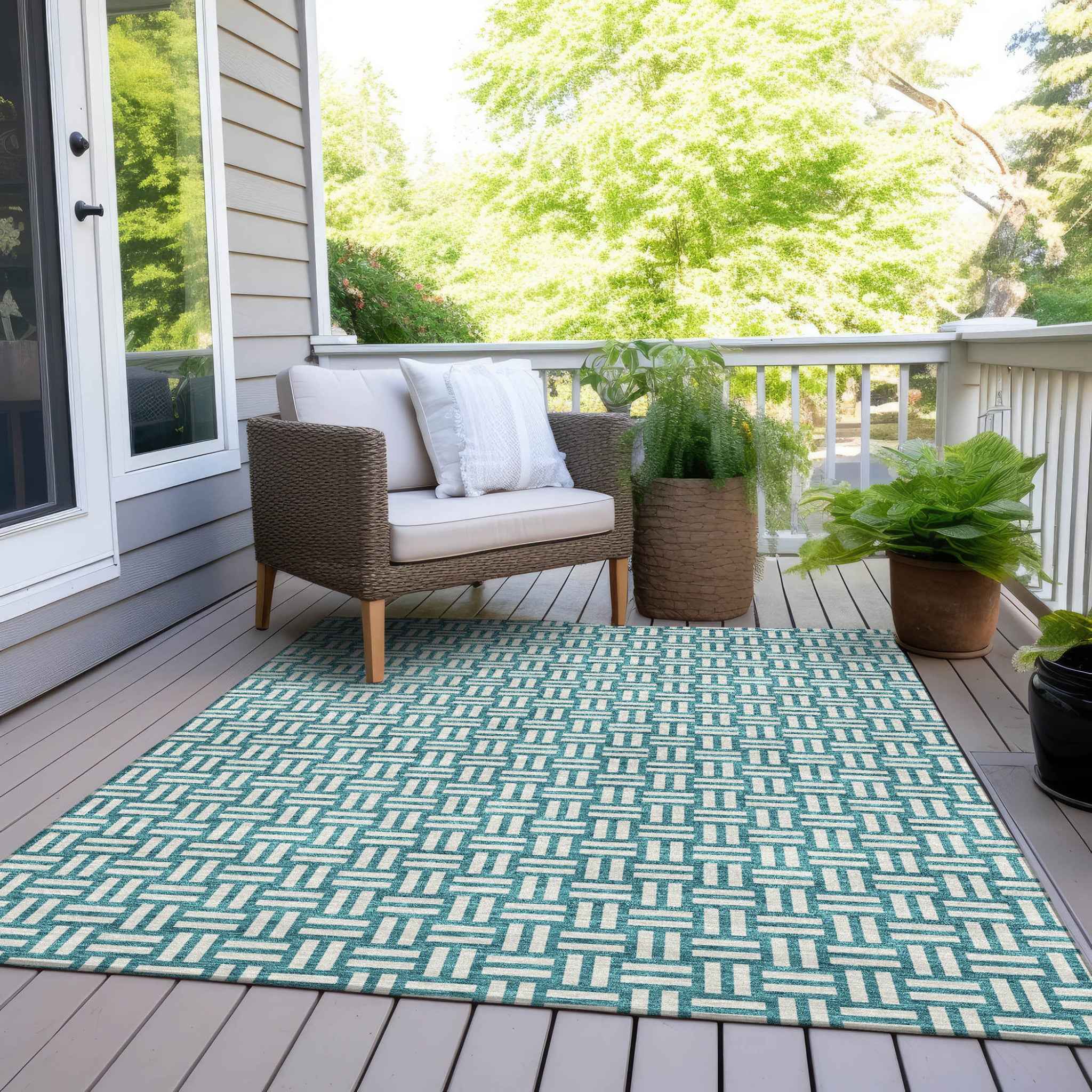 5' X 8' Teal Blue And Gray Geometric Washable Indoor Outdoor Area Rug
