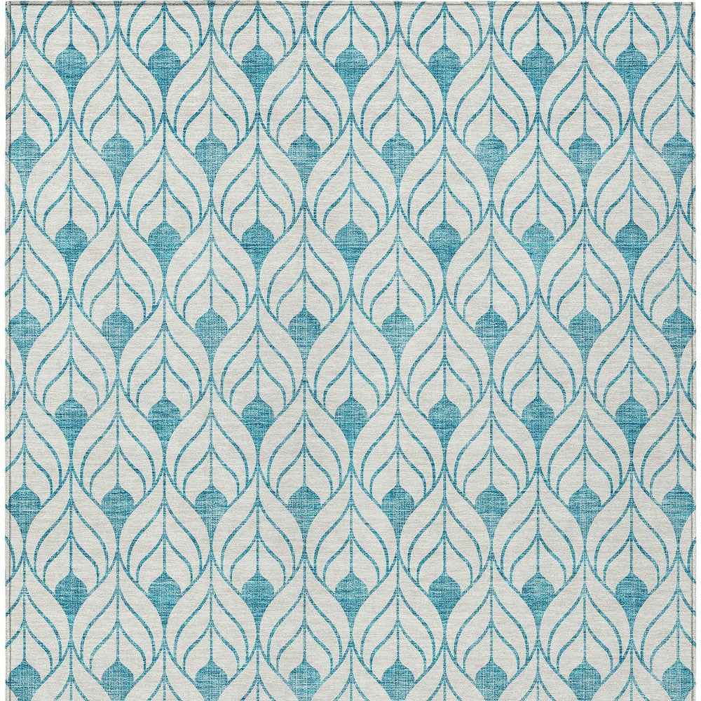5' X 8' Teal Blue And Ivory Geometric Washable Indoor Outdoor Area Rug