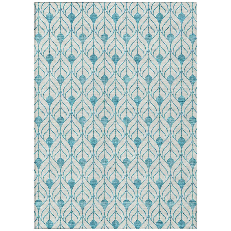 5' X 8' Teal Blue And Ivory Geometric Washable Indoor Outdoor Area Rug