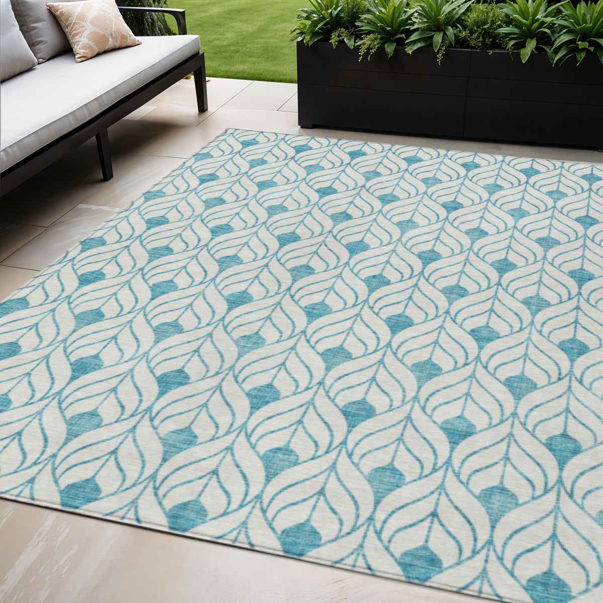 5' X 8' Teal Blue And Ivory Geometric Washable Indoor Outdoor Area Rug