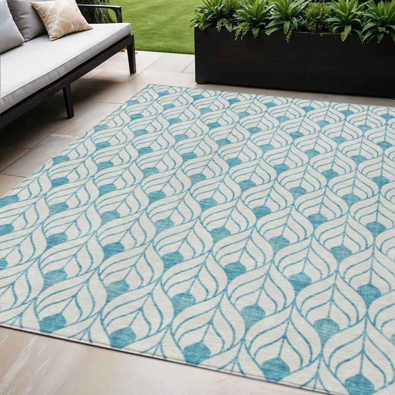 5' X 8' Teal Blue And Ivory Geometric Washable Indoor Outdoor Area Rug