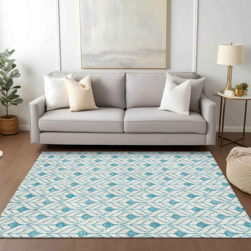 5' X 8' Teal Blue And Ivory Geometric Washable Indoor Outdoor Area Rug