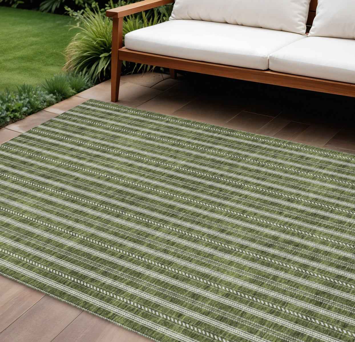 8' X 10' Olive Green And Ivory Striped Washable Indoor Outdoor Area Rug