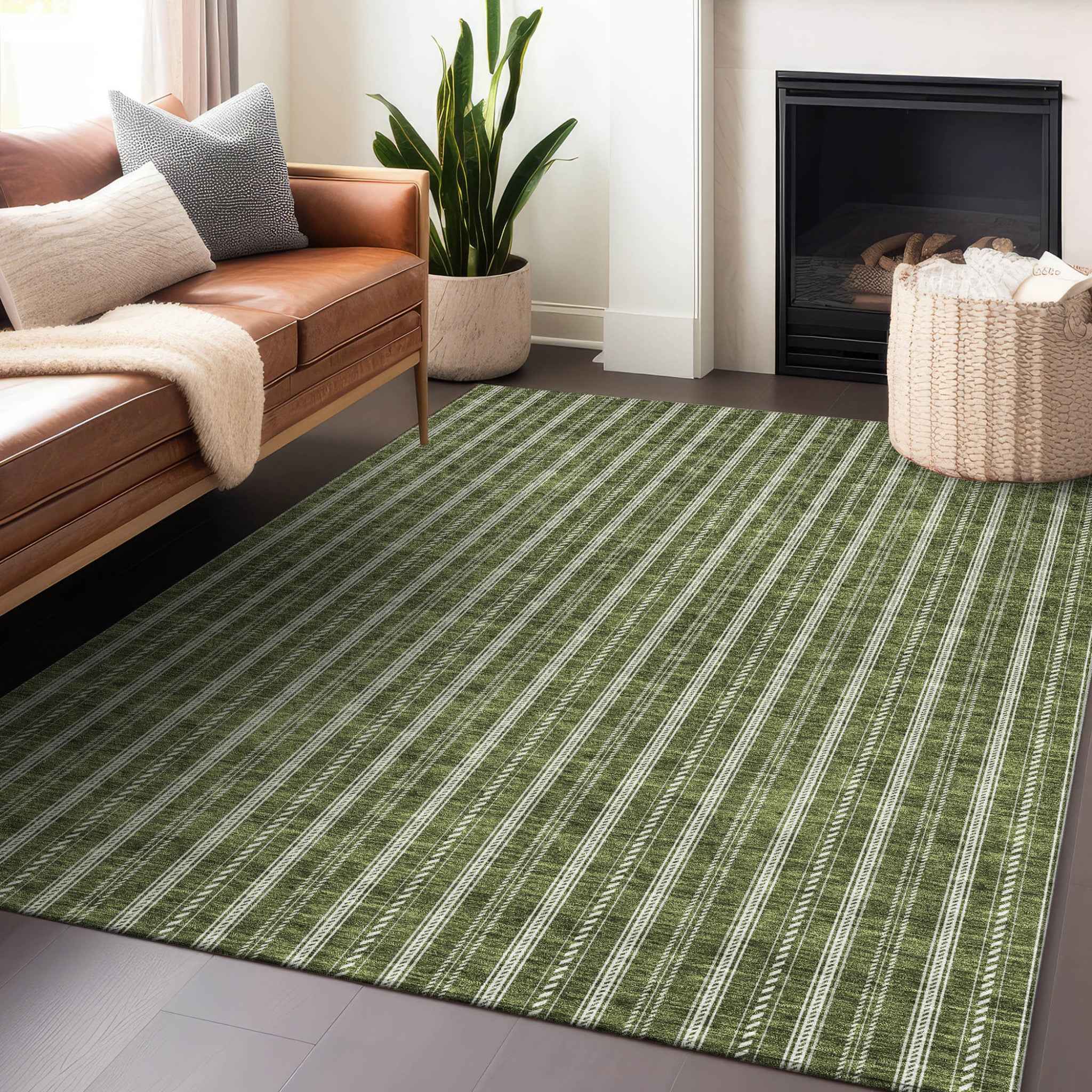 8' X 10' Olive Green And Ivory Striped Washable Indoor Outdoor Area Rug