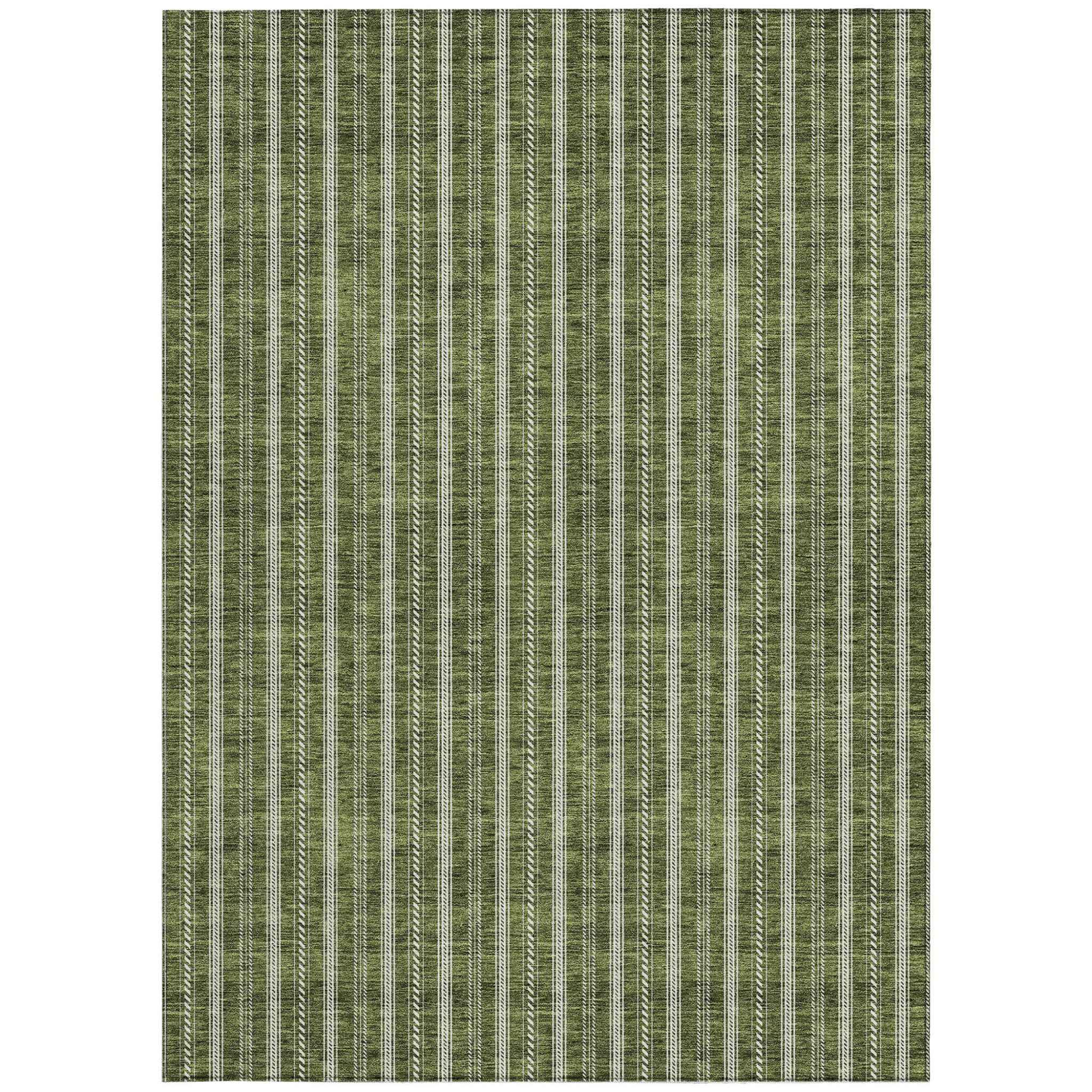 8' X 10' Olive Green And Ivory Striped Washable Indoor Outdoor Area Rug
