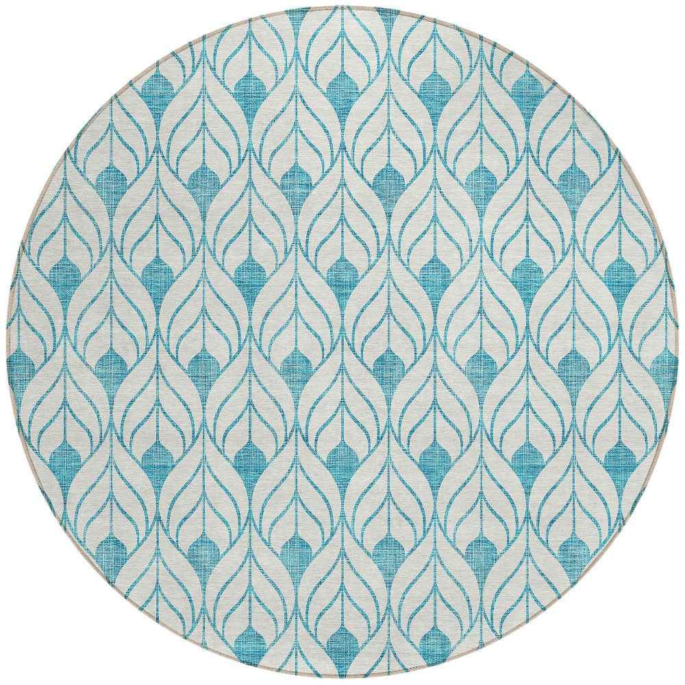 8' Teal Blue And Ivory Round Geometric Washable Indoor Outdoor Area Rug