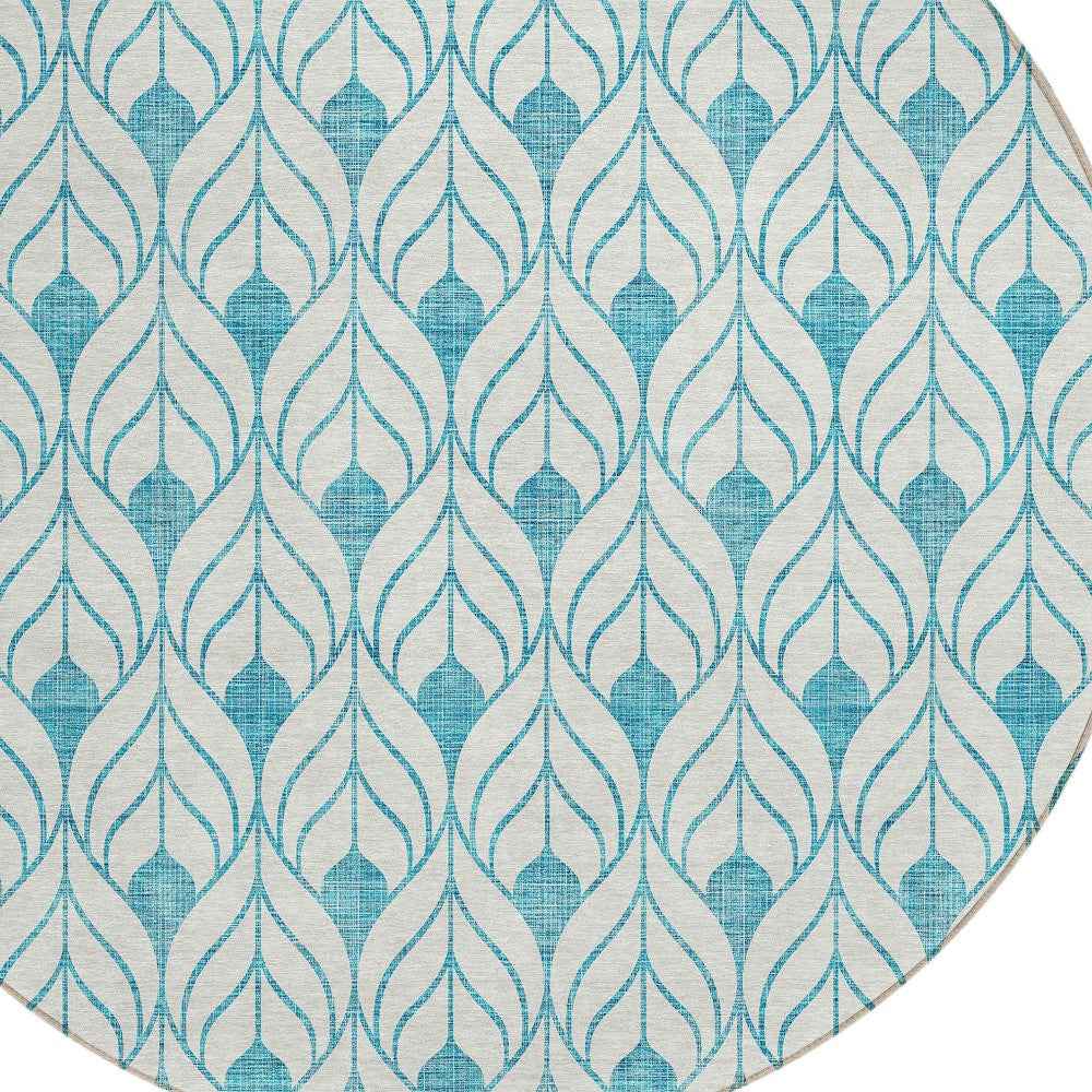 8' Teal Blue And Ivory Round Geometric Washable Indoor Outdoor Area Rug