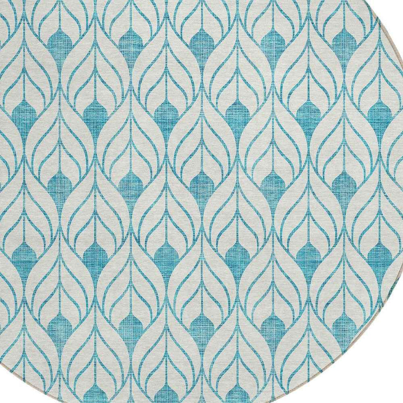 8' Teal Blue And Ivory Round Geometric Washable Indoor Outdoor Area Rug