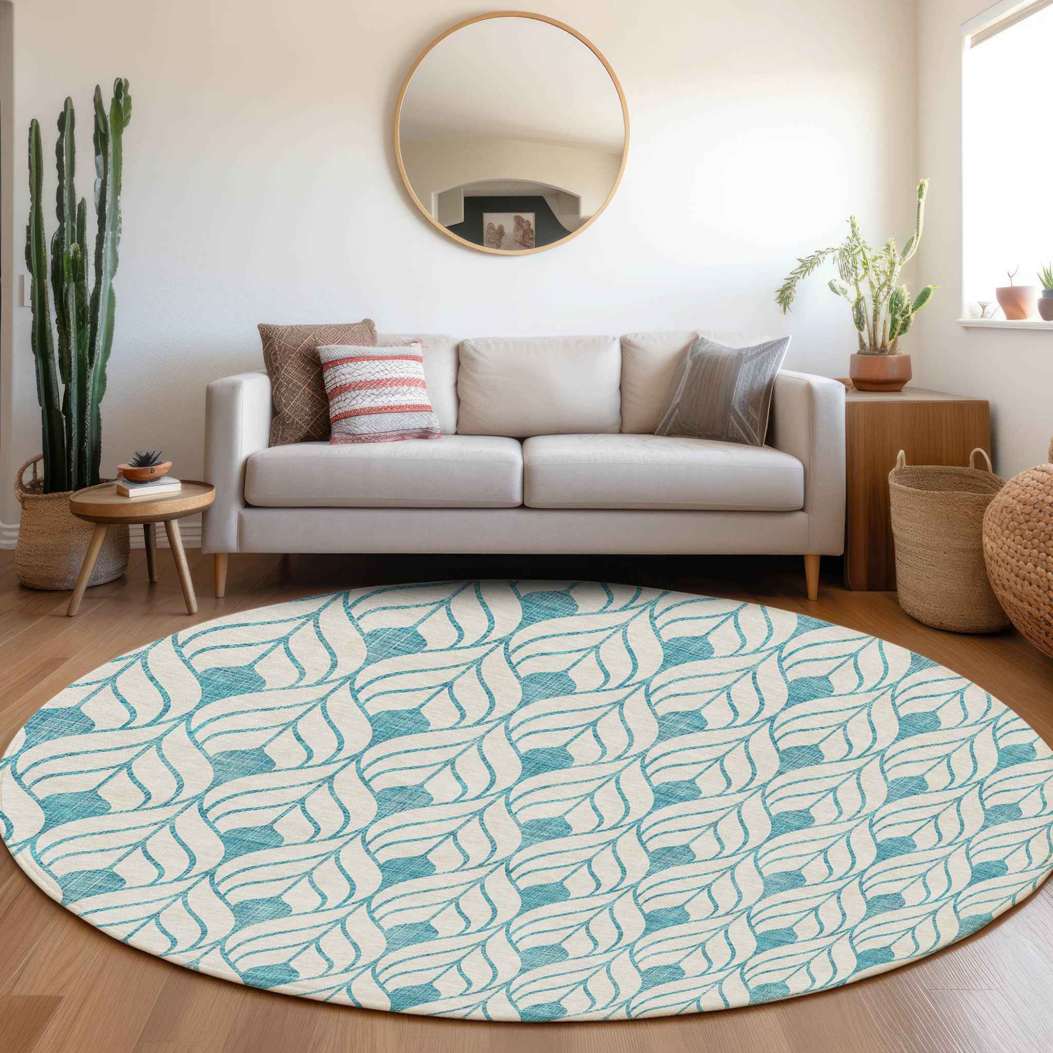 8' Teal Blue And Ivory Round Geometric Washable Indoor Outdoor Area Rug