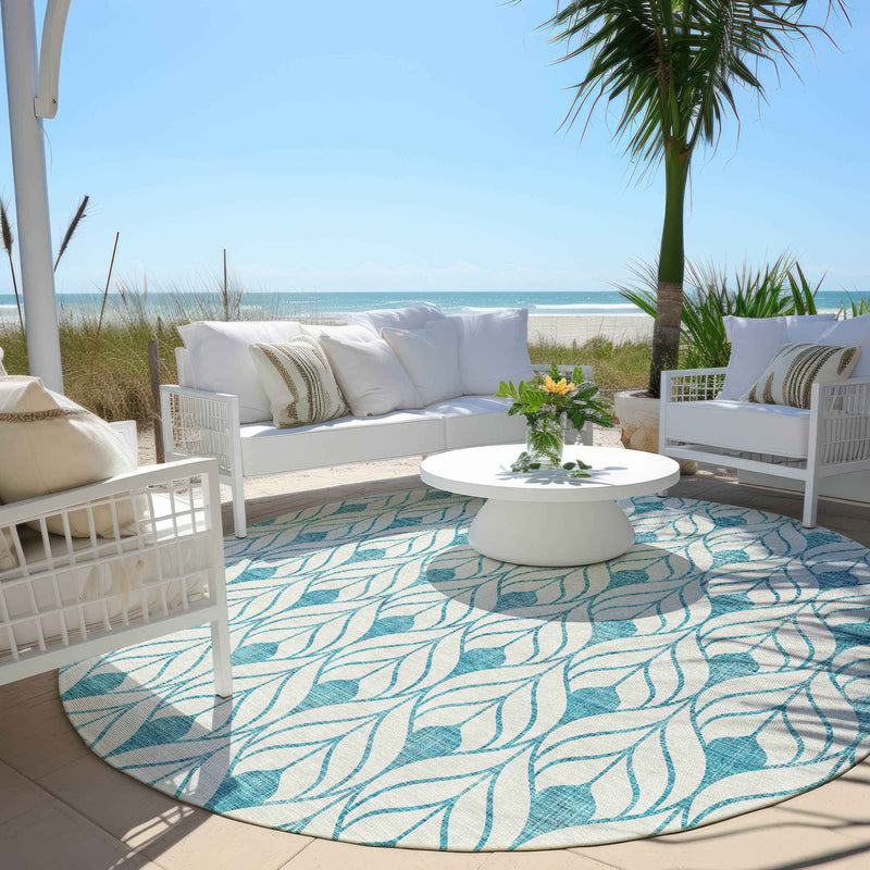 8' Teal Blue And Ivory Round Geometric Washable Indoor Outdoor Area Rug