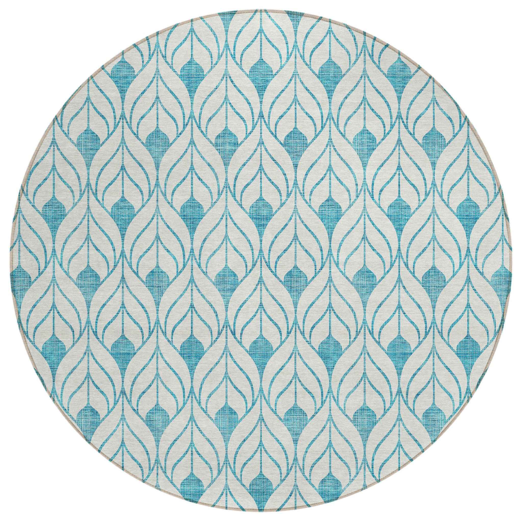8' Teal Blue And Ivory Round Geometric Washable Indoor Outdoor Area Rug