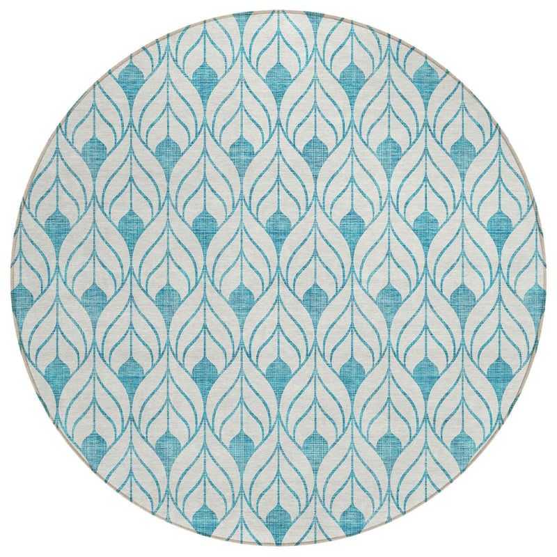 8' Teal Blue And Ivory Round Geometric Washable Indoor Outdoor Area Rug