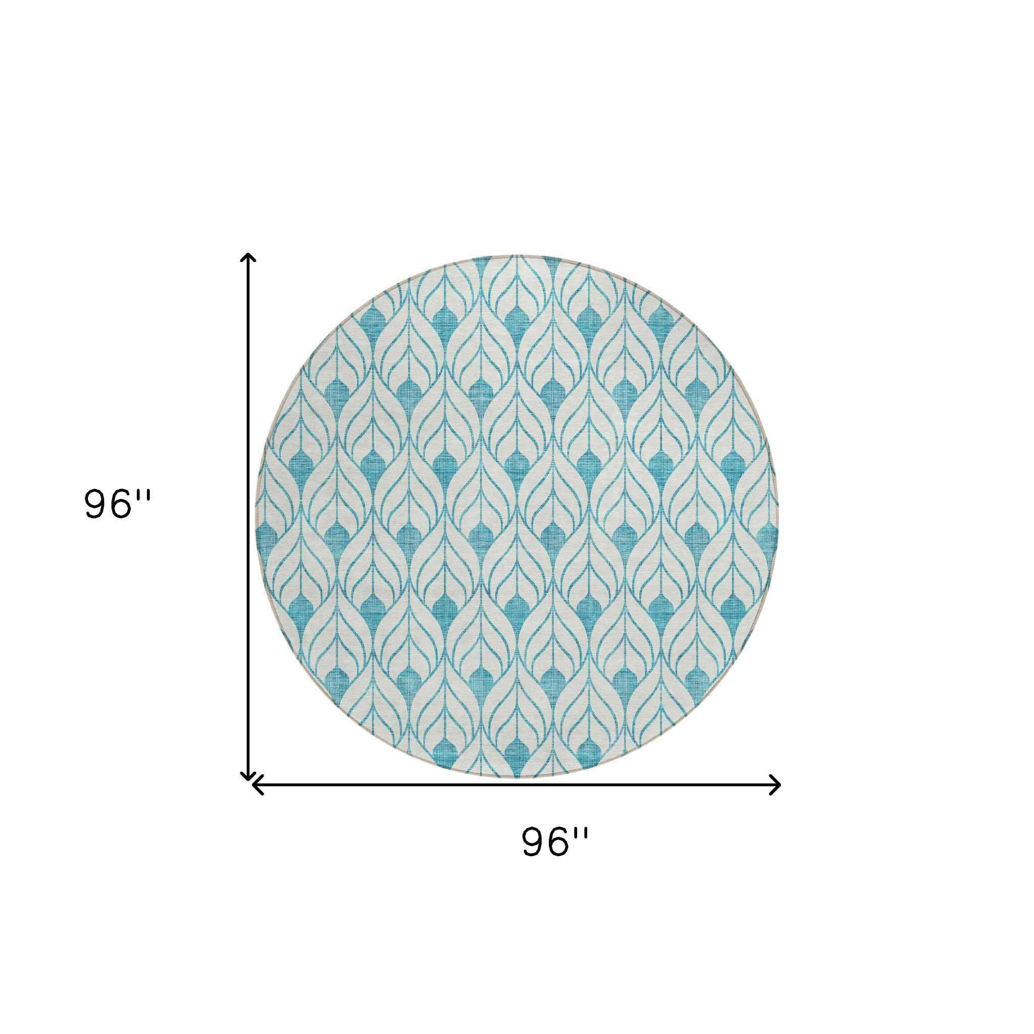 8' Teal Blue And Ivory Round Geometric Washable Indoor Outdoor Area Rug