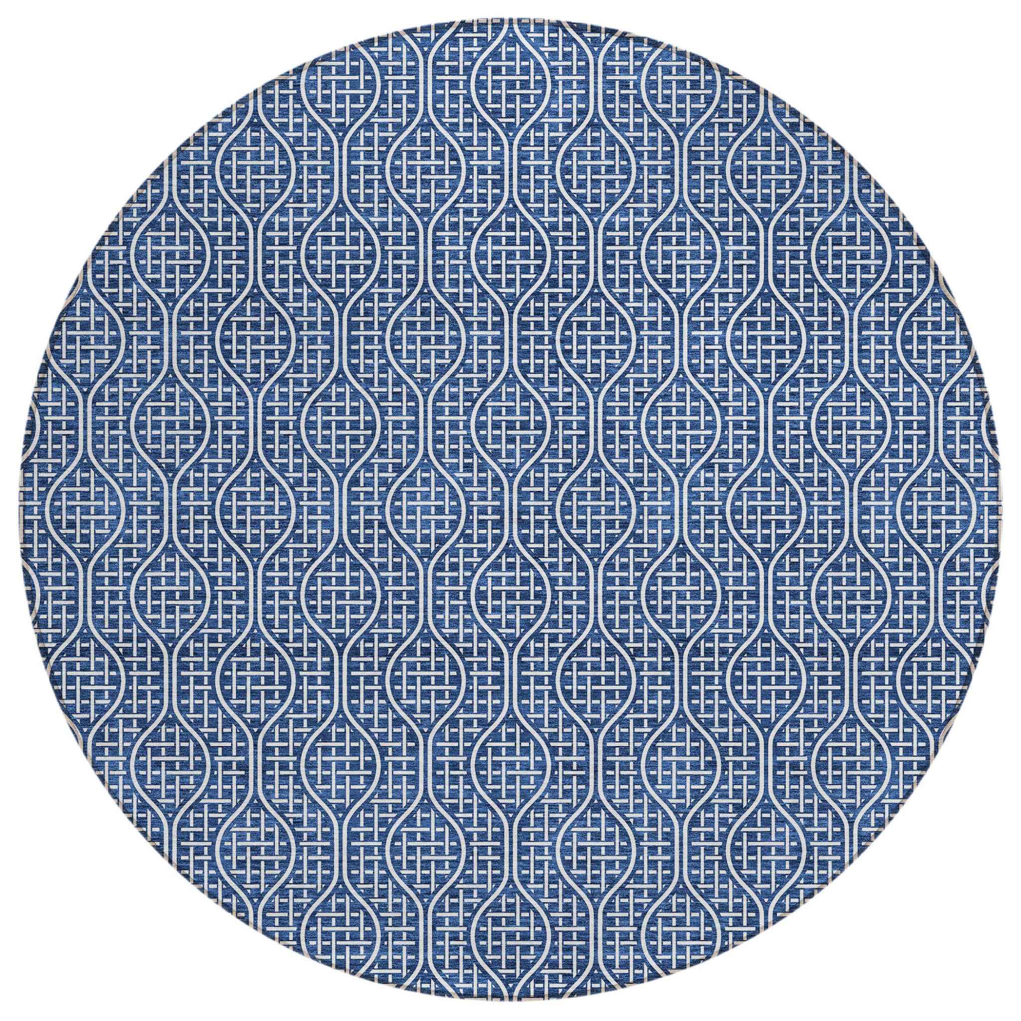 8' Navy Blue And Ivory Round Geometric Washable Indoor Outdoor Area Rug